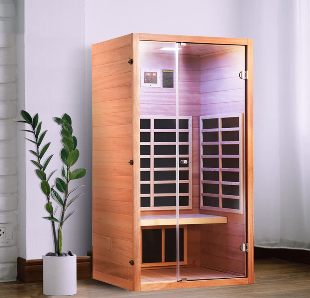 Hongyuan WF9100 FAR Infrared Carbon Sauna Room for Home,1-Person saunas with Low EMF Sauna Heater and Hemlock & Okoume Wood, Easy Set up and Doesnt take Too Much Space