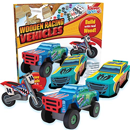 Klever Kits Kids Craft Kit Build & Paint Your Own Wooden Race Car Art & Craft Kit DIY Toy Make Your Own Car Truck Toy Construct and Paint Craft Kit