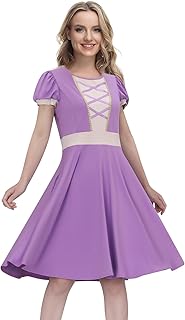 Women Princess Long Hair Dress Costume Purple Twirl Skirt Gown Outfit Halloween Party Movie Cosplay Fancy Dress Up