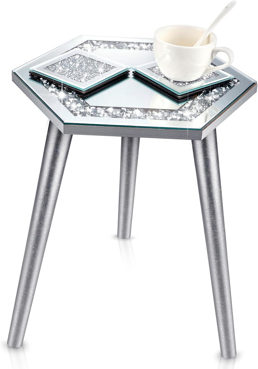 Mirrored End Table with Glass Mirrored Coasters Modern Silver Accent Table Bling Mirror Side Table Crushed Crystal Coasters Crushed Diamond Cup Mat for Living Room Home Kitchen (Hexagonal, 3 Pcs) 3 Hexagonal