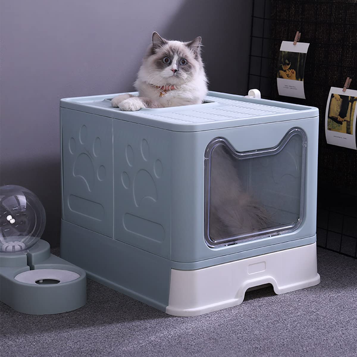 Cat Litter Box,Foldable Top Entry Cat Litter Box with Lid,Cat Potty with Cat Plastic Scoop,Extra Large Space Entry Top Exit Litter Box,Drawer Structure,Closed Smell Proof Anti-Splashing,Easy Cleaning