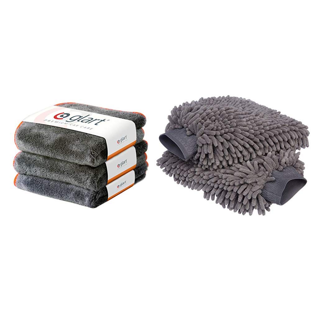 Glart 443TPO Set of 3 Super Absorbent Microfibre Thick Plush Cloths for Car and Motorbike Paint Care, Buffing, Polishing, Drying 40 x 40 cm & Amazon Basics Deluxe Microfiber Car Wash Mitt (2 Pack)