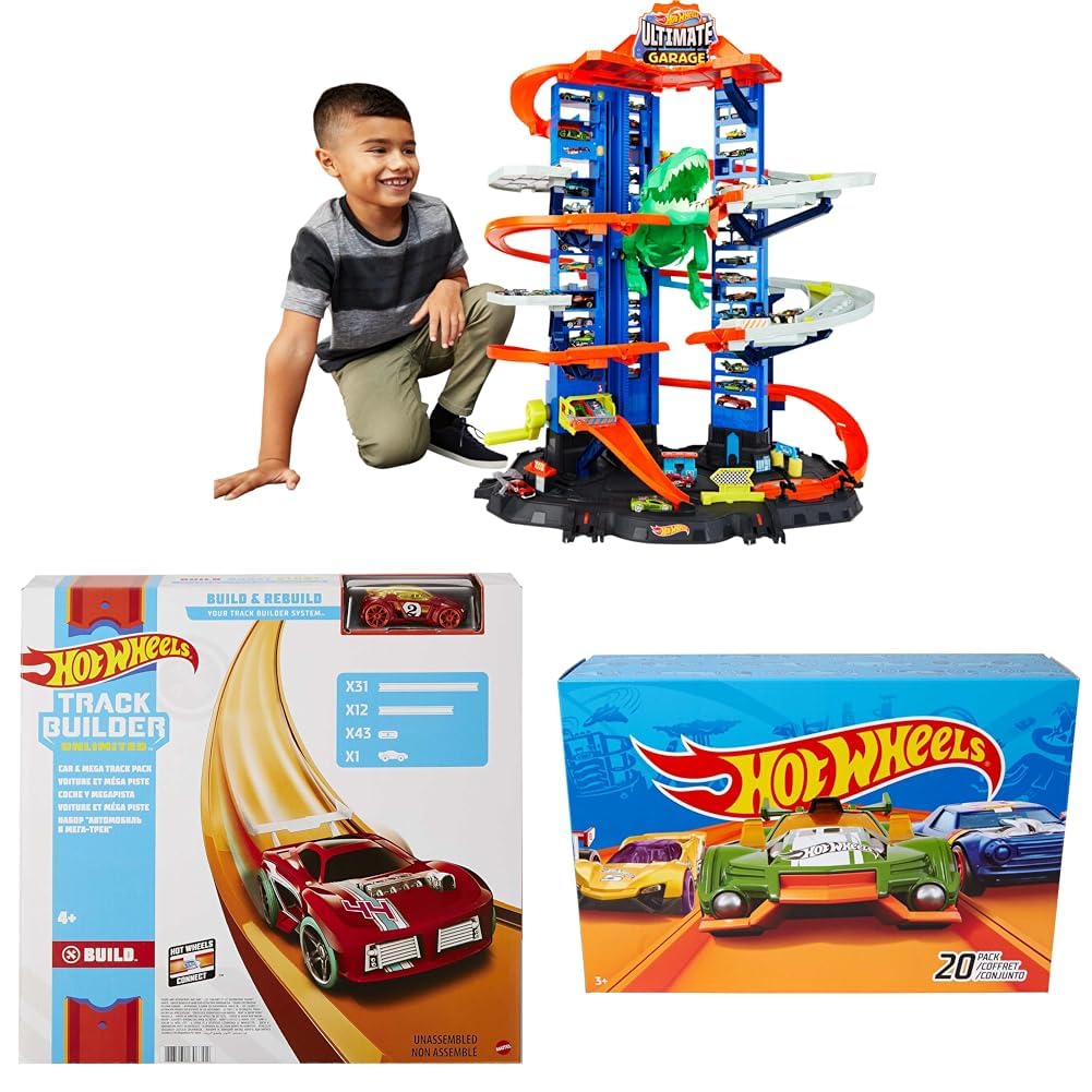 Bundle of Hot Wheels City Ultimate Garage Moving Dinosaur, 100+ 1:64 Scale Vehicle Storage (Amazon Exclusive) + Mega Track Pack, 40-ft of Track (Amazon Exclusive) + 20 Toy Cars (Styles May Vary)