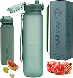 Hydracy Water Bottle with Time Marker -Large 1 Litre BPA Free Water Bottle & No Sweat Sleeve -Leak Proof Gym Bottle with Fruit Infuser Strainer & Times to Drink -Ideal for Fitness Sport & Outdoor