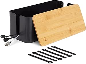 ionX Box for Cable Management, 1 Medium ABS Cord Organizer Box with Bamboo Lid, Black