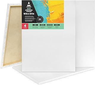 ARTEZA Stretched Canvas, 18 x 24 Inches, Pack of 4, Blank White Large Canvas for Painting for Acrylic, Oil and Gouache Paints