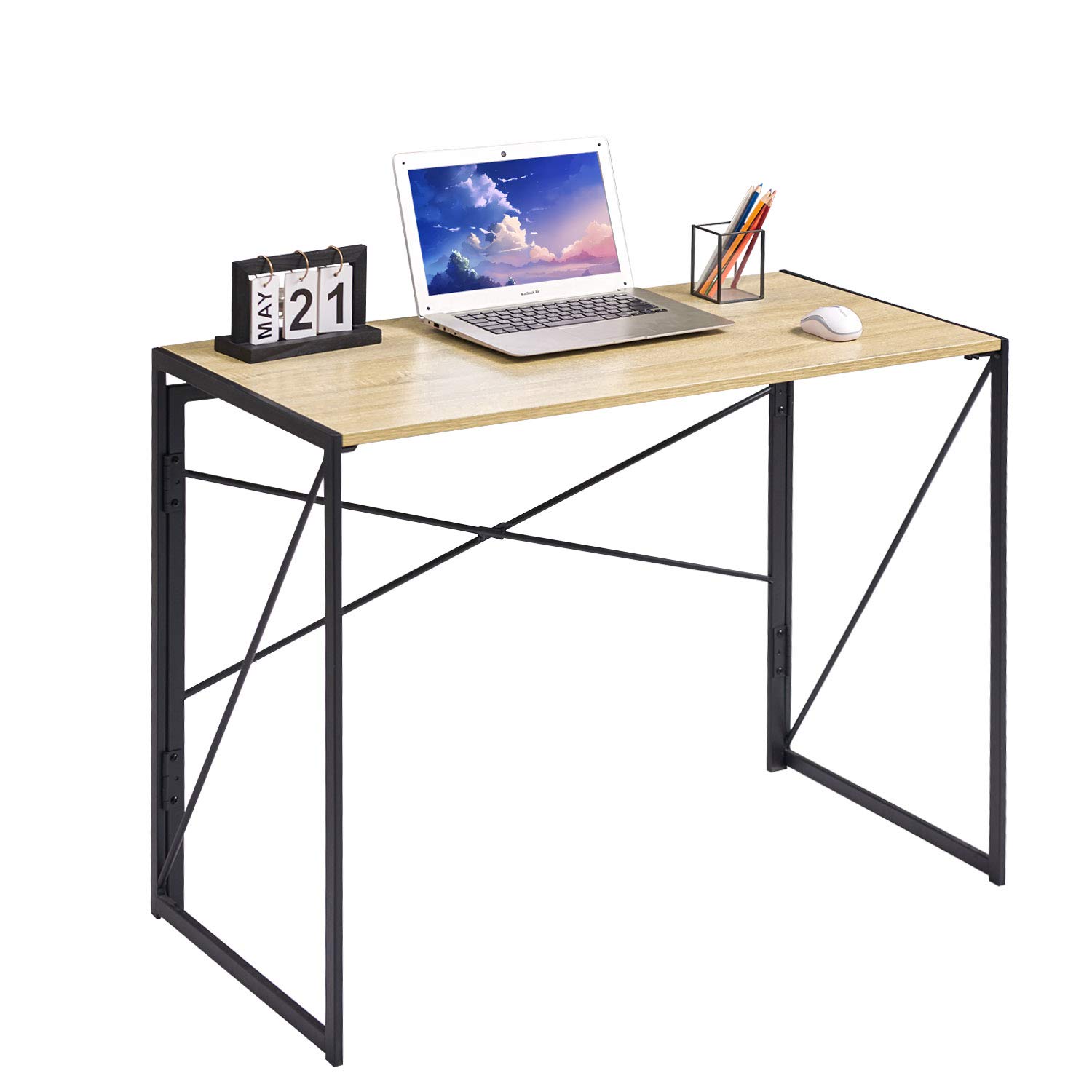 Coavas 39.4 inch Folding Desk No Assembly Required, Writing Computer Desk Space Saving Foldable Table Simple Home Office Desk, Beech