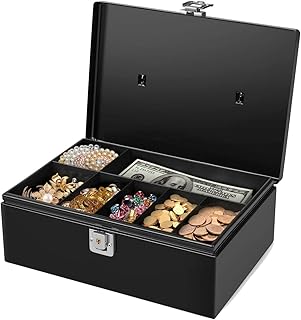 Flexzion Cash Box with Money Tray and Lock - Metal Money Box for Cash Storage with Secure Latch Lock & Key, Black Petty Ca...