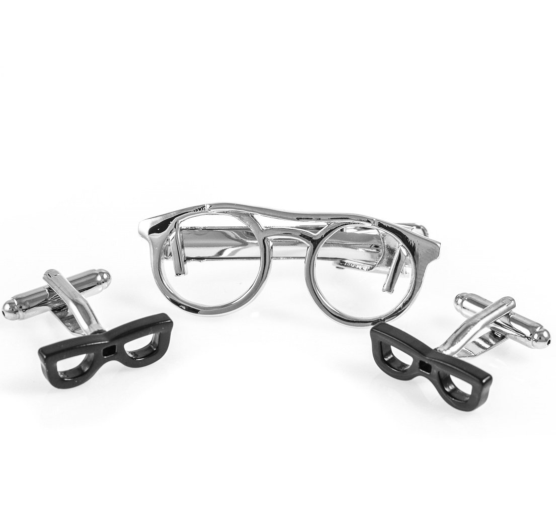 Eyeglass Gl Pair of Cufflinks & Tie Bar Clip with Presentation Gift Box & Polishing Cloth