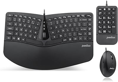 Perixx PERIDUO-406A, 3-in-1 Wired Compact Ergonomic Keyboard with Vertical Mouse and Numeric Keypad - Adjustable Palm Rest - Tilt Wheel - Membrane Low Profile Keys - US English Layout