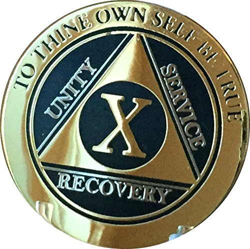 10 Year AA Medallion Glossy Elegant Black Gold Silver Bi-Plate Sobriety Chip