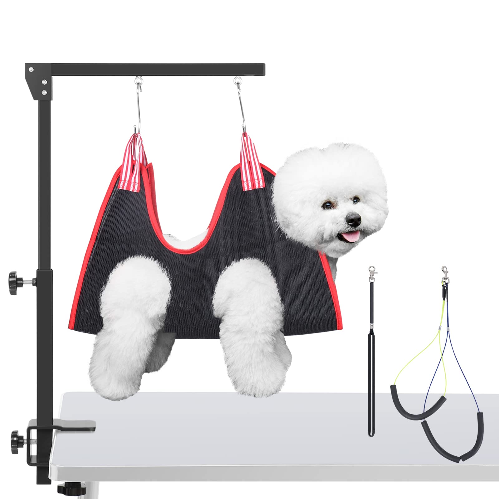 Photo 1 of HIDOG Dog Grooming Arm with Clamp, Adjustable Dog Grooming Table Arm with Two No Sit Haunch Holder & Hammock Harness, Foldable Pet Grooming Supplies for Small Medium Dogs Unilateral Grooming Arm