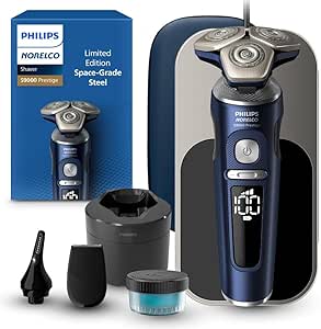 Philips Norelco Shaver Series 9000 Prestige, מכונת גילוח חשמלית רטובה ויבשה, מערכת, טכנולוגיית SenseIQ, קוצץ מדויק, קוצץ אף, משטח טעינה Qi, רפידת ניקוי, כחול אדריאטי, SP9886/89