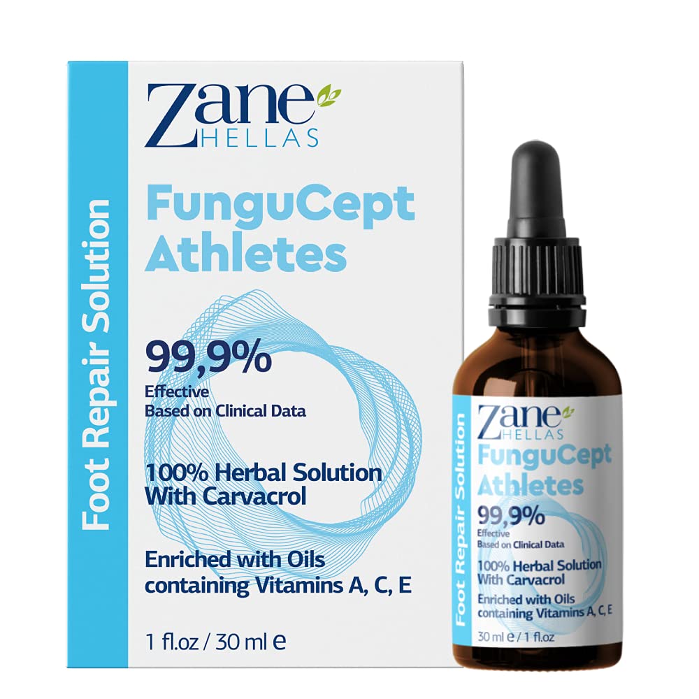 Zane Hellas FunguCept Athlete’s Repair Solution. Relieves Itching, Burning, Cracking, Scaling. Stop Bad Odor. Visible Results in 5 Days. 1 fl. oz - 30 ml.