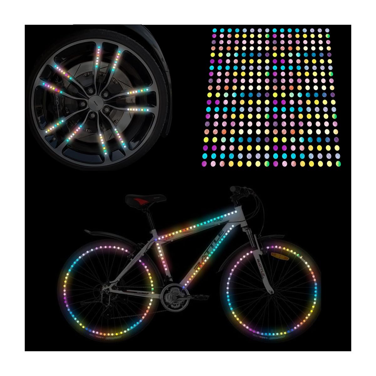 BELOMI 40Pcs Luminous Car Wheel Rim Decals Reflective, DIY Rainbow Dots Wheel Decorative Stripe, Car Warning Safety Stickers, Accessories Decoration for Car, Trucks, Vehicle, Auto, Motorcycle