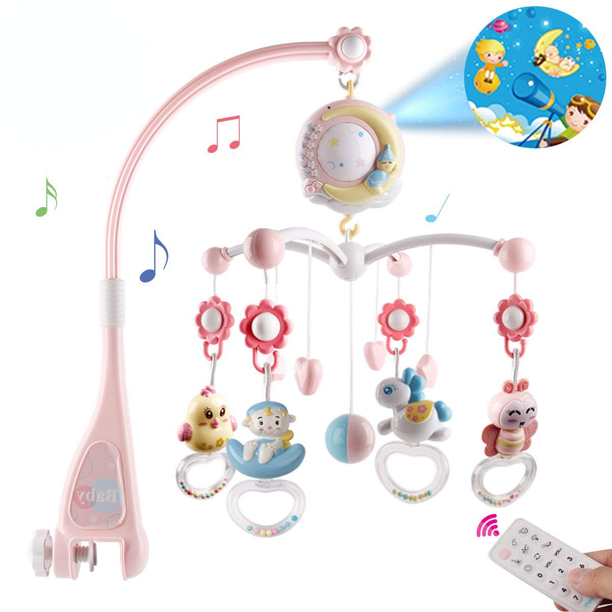 Baby Crib Mobile with Hanging Rotating Toys,Take Along Music Box and Projector Function, Timing Remote,Perfect Gift for Baby Sleeping