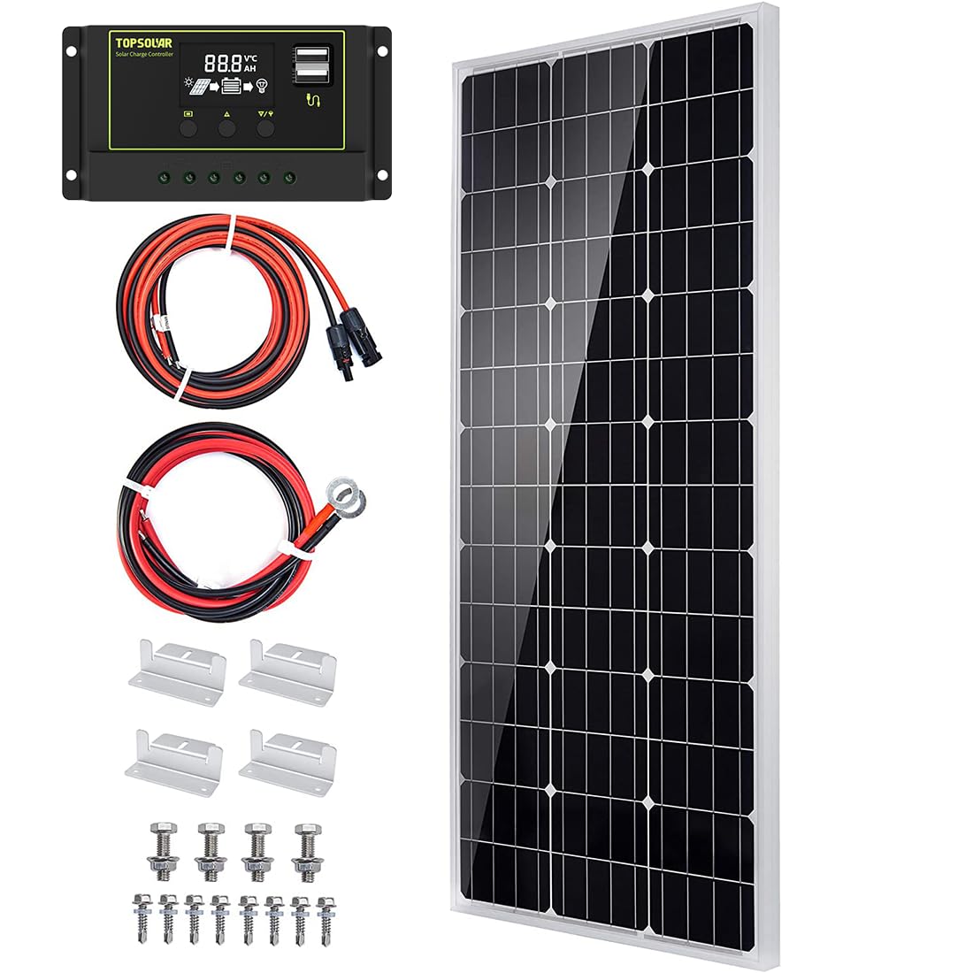 Topsolar Solar Panel Kit 100 Watt 12 Volt Monocrystalline Off Grid System for Homes RV Boat + 30A 12V/24V LCD PWM Solar Charge Controller + 16ft Solar Cables with Connector + Z-Brackets for Mounting