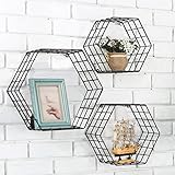 MyGift Black Metal Wall Mounted Crystal Display Shelf, Modern Wire Decorative Floating Shelves for Bedroom Living Room Office, Set of 3