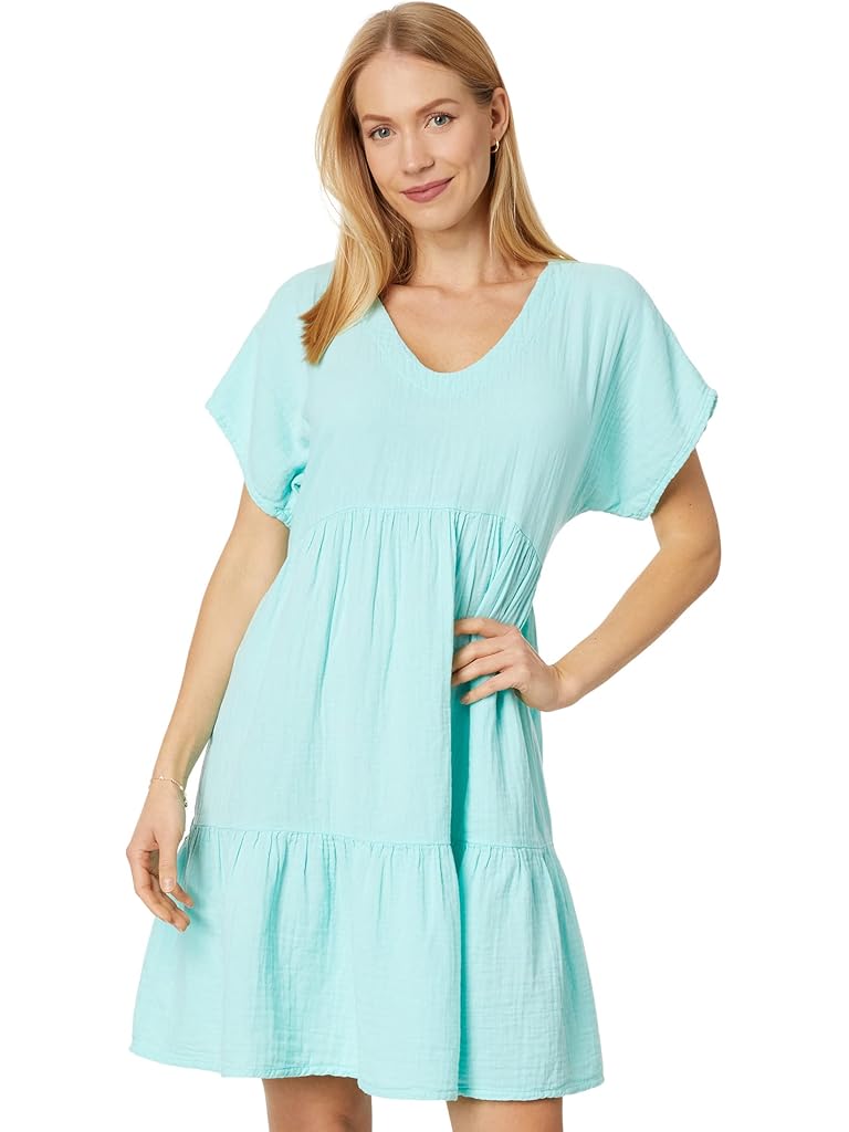 Mod-o-doc Double Layer Gauze Short Sleeve V-Neck Tiered Dress