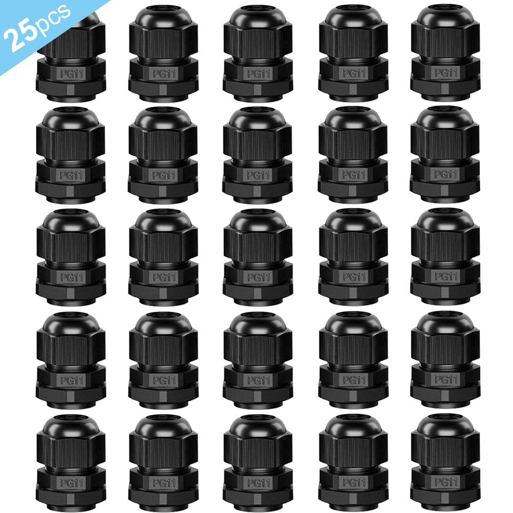 QitinDasen 25Pcs Premium Nylon PG11 Cable Gland, 5～10mm Adjustable IP68 Waterproof Cable Glands Joints, Waterproof Cable Gland Connector with Gaskets (Black)