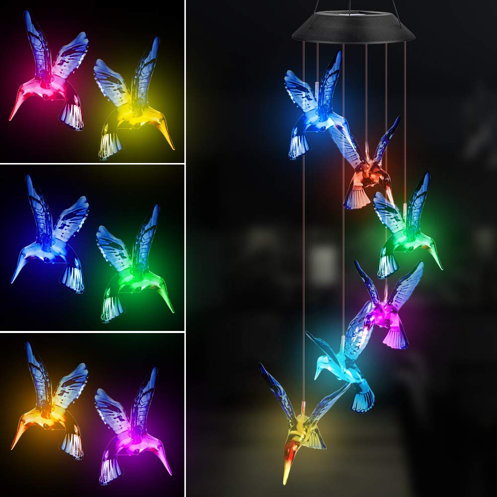 Fohil Solar Wind Chimes - Hummingbird Wind Chimes Outdoor Color Changing Solar Lights Waterproof LED Mobile Wind Chimes for Patio, Yard, Garden, Christmas, Home Decoration for Mom