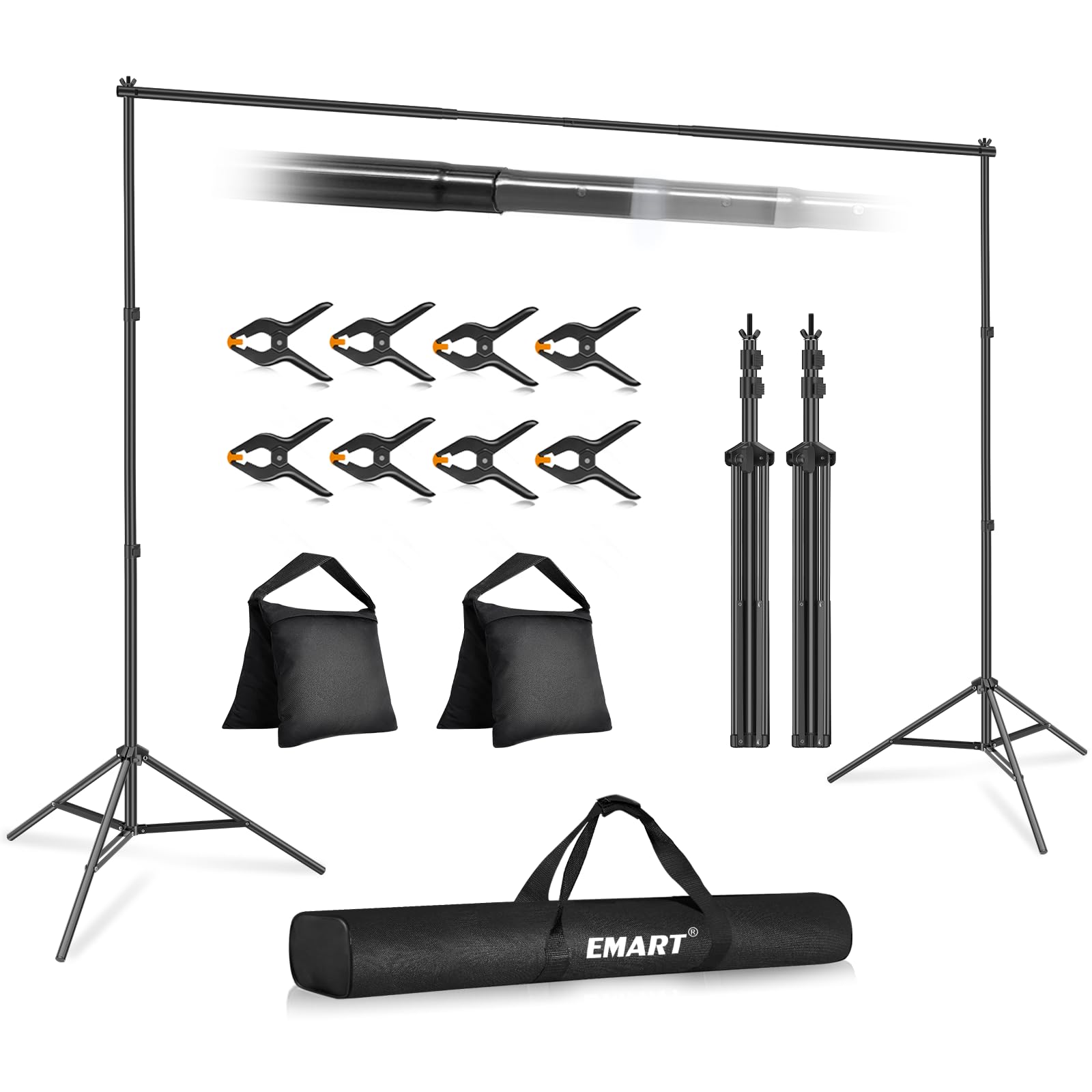 EMART Backdrop Stand 10x7ft(WxH) Photo Studio Adjustable Background Stand Support Kit with 2 Crossbars, 8 Backdrop Clamps, 2 Sandbags and Carrying Bag for Parties Events Decoration