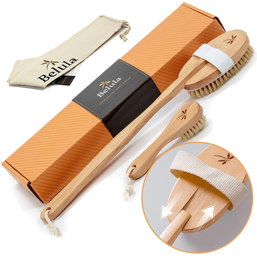 Premium Dry Brushing Body Brush Set by Belula- Natural Boar Bristle Body Brush, Exfoliating Face Brush & One Pair Bath & Shower Gloves. Free Bag & How To – Great Gift For A Glowing Skin & Healthy Body