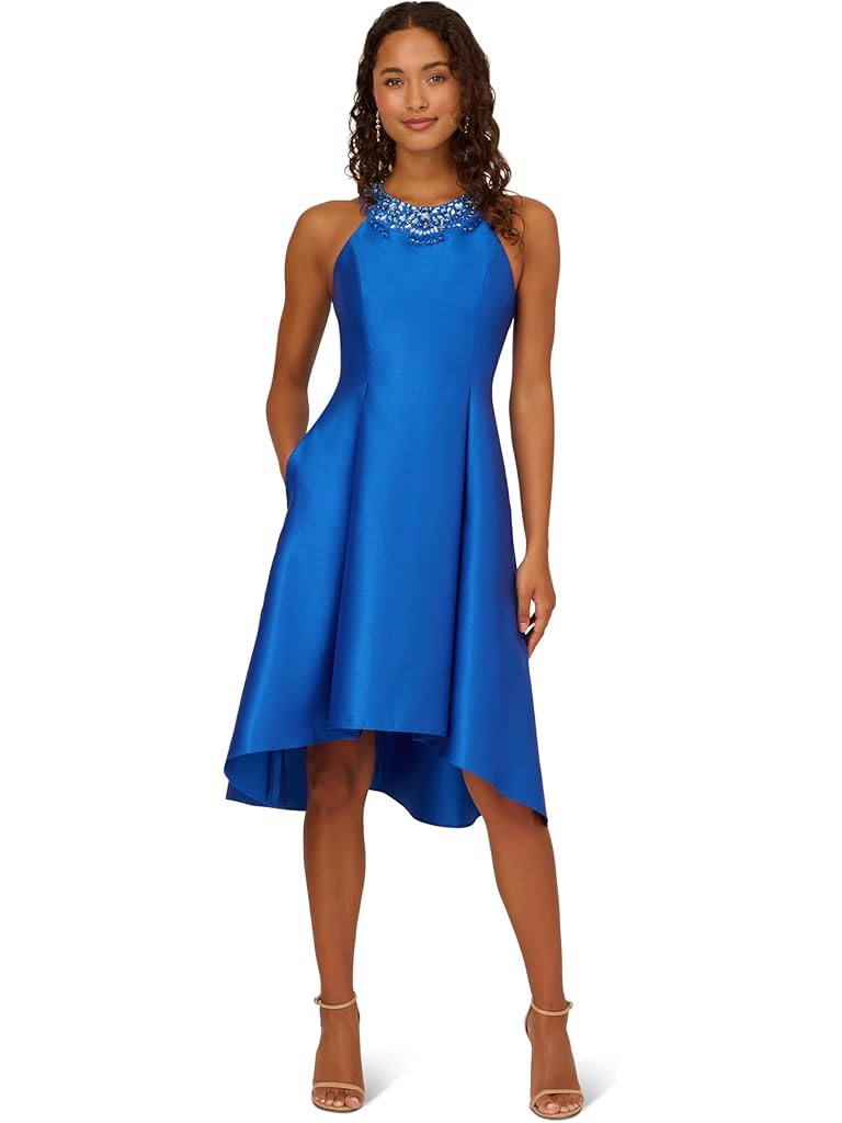 Adrianna Papell Fit And Flare Stretch Mikado Party Dress with Beaded Neckline