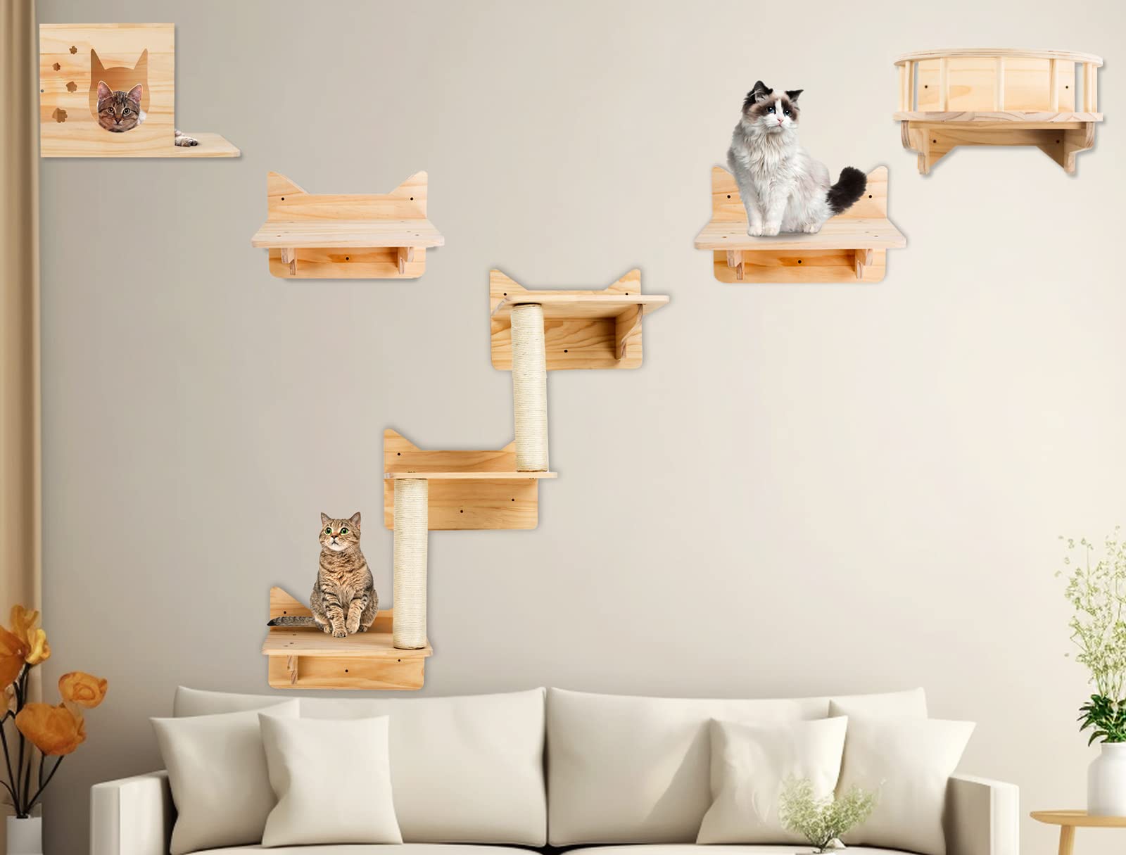 Cat Wall Shelves, Furniture Set, Shelves and Perches for Wall, Climbing Shelf Playground Scratching Post with 3 Steps Indoor Mounted Condos House