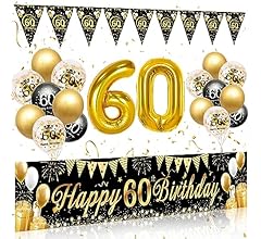 60 Geburtstag Deko Mann Frau, 60 Happy Birthday Banner Schwarz Gold, Luftballons 60 Geburtstag Girlande Wimpel, Deko 60. Ge…