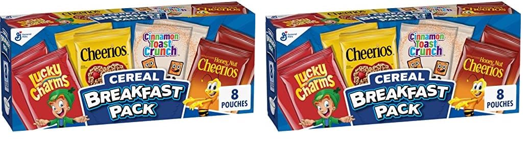 General Mills Breakfast Cereal Variety Pack, Lucky Charms, Cinnamon Toast Crunch, and Cheerios Varieties, Single Serve Snacks, 9.14 oz (8 Pouches) (Pack of 2)