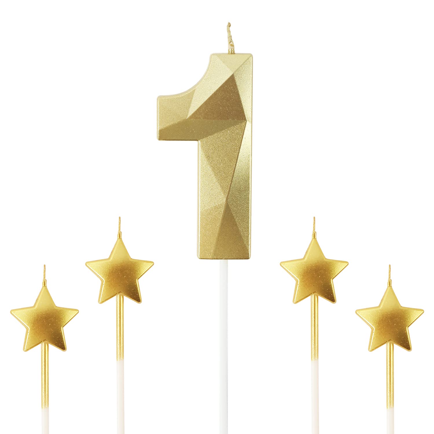 Golden Number 1 Birthday Candles and Star Birthday Candles 2.76 inch Birthday Cake Candles 3D Diamond Shaped Candles are Suitable for Birthday Parties and Anniversary Cake Decorations Candles(Gold 1)