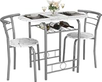 JUMMICO 3-Piece Wooden Round Table & Chair Set&comma; Space Saving Kitchen Breakfast Nook Wood Grain Tabletop with Metal Frame and Built-in Wine Rack for Kitchen&comma; Dining Room &lpar;White&sol;Silver&rpar;