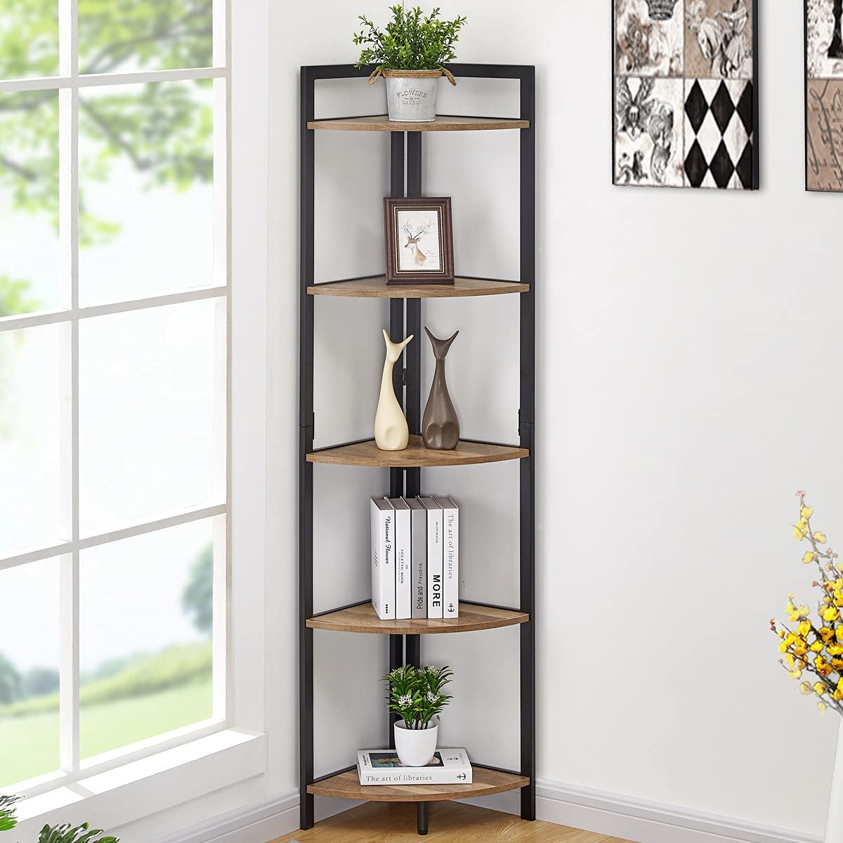 Photo 1 of FATORRI Industrial Corner Shelf, 5 Tier Tall Corner Bookshelf, Wood and Metal Corner Bookcase (Rustic Oak)…