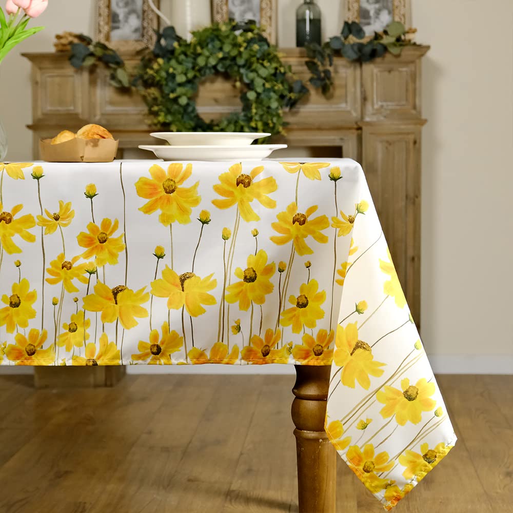 GEEORYSpring Floral Tablecloth Rectangle 60X102 Inch Yellow Bee Summer Decor Indoor Outdoor Seasonal Table Cover for Home Kitchen Dining Table ATC011-102G