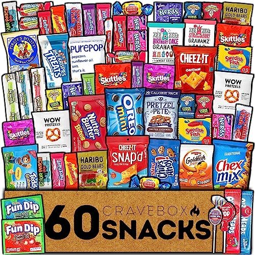 CRAVEBOX Snack and Candy Box (60 Count) Valentines Day Adults Variety Pack Bundle Assortment Gift Basket Kids Care Package Boyfriend Birthday Office College Boys Men Students Food College School