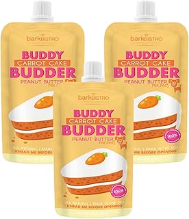 BUDDY BUDDER 3 Pack Carrot Cake Squeeze Packs, 100% Natural Dog Peanut Butter, Healthy Peanut Butter Dog Treats, Made in U...