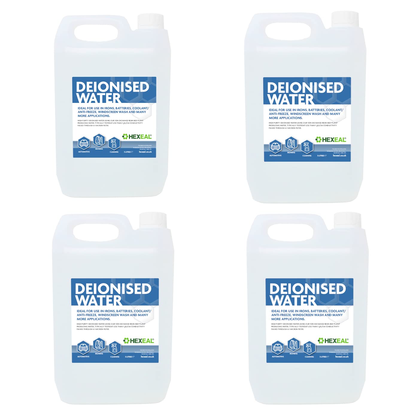 Hexeal Deionised Water 20L – 4 x 5L of Deionised Water for Steam Irons, Car Batteries, Windscreen Fluid & Antifreeze – Demineralised Water, Reduces Limescale Deposits & Water Stains – For Lab Use