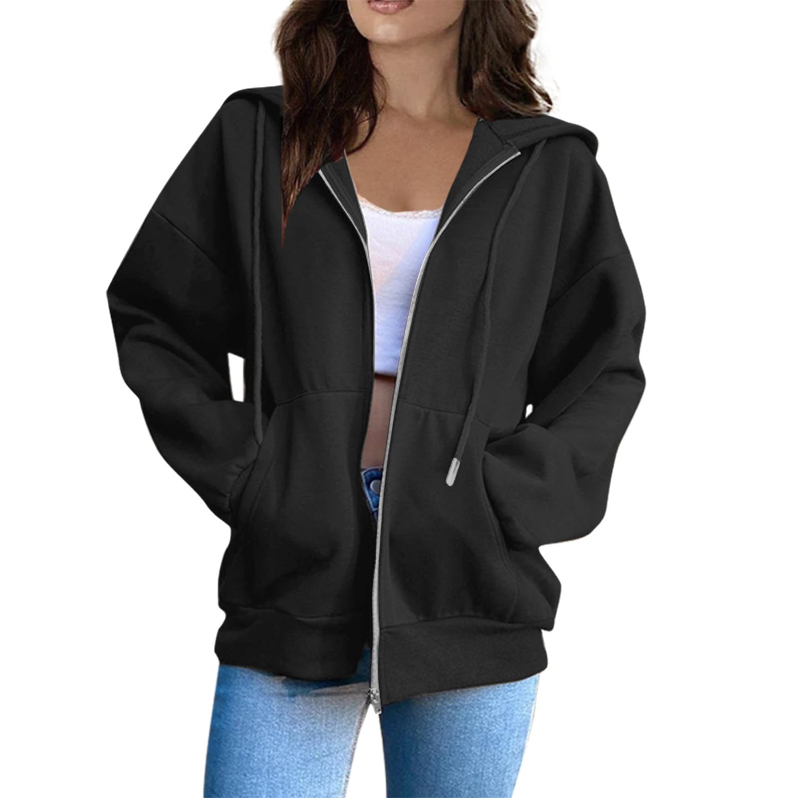 Womens Zip Up Hoodies Long Sleeve Oversized Sweatshirts Y2K Jacket Pockets Patchwork Design T-Shirt Hoodie for Women