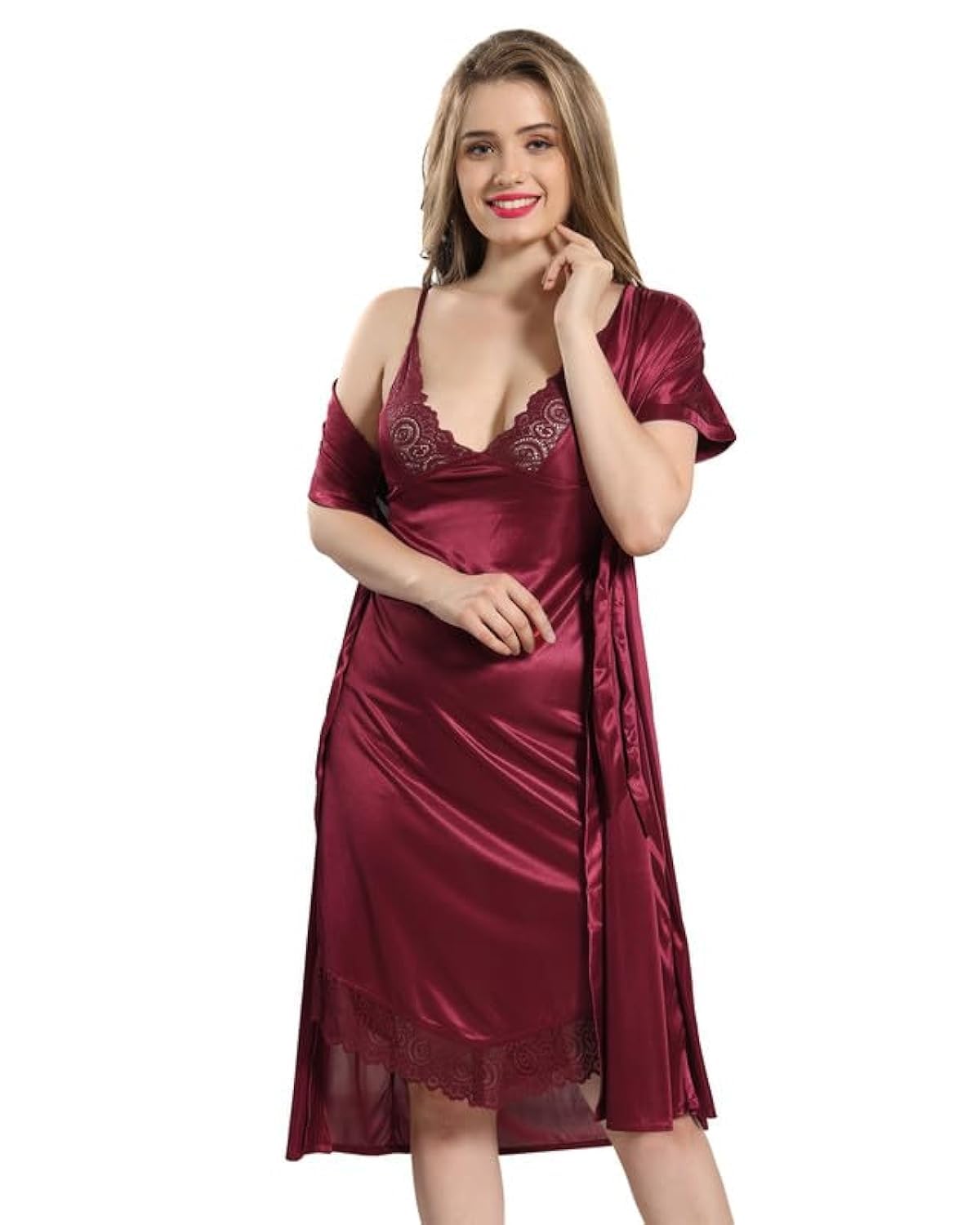 AV2Women Satin Short Nighty with Lace & Robe 1306