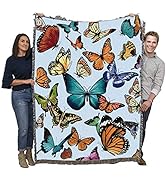 Fluttering Butterflies Blanket Light Blue - Garden Floral Gift Tapestry Throw Woven from Cotton -...