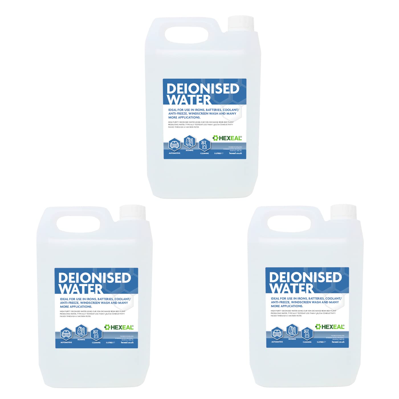 Hexeal Deionised Water 15L – 3 x 5L of Deionised Water for Steam Irons, Car Batteries, Windscreen Fluid & Antifreeze – Demineralised Water, Reduces Limescale Deposits & Water Stains – For Lab Use