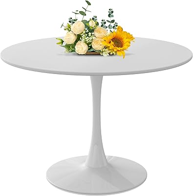 Ufurpie 42" Round Dining Table,Mid-Century White Tulip Table,Metal Base Pedestal Table for 4-6 Person,Easy Assembled End Table Leisure Coffee Table