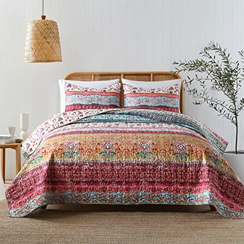 Boho Style Twin Size Quilt Set Reversible Bohemian Floral Strip Quilt Beddding Set, Soft and Lightweight Bedspread for All Season,XL Twin Bed Coverlet with 1 Matching Pillow Sham (2 Pieces)