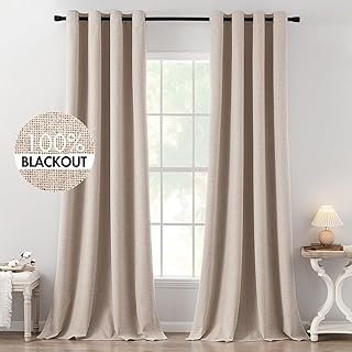 MIULEE 100% Blackout Linen Textured Curtains for Bedroom Solid Thermal Insulated Natural Beige Grommet Room Darkening Curt...