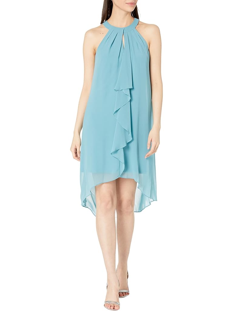 Adrianna Papell Stretch Jersey Halter Neck Dress with Chiffon Ruffle Overlay