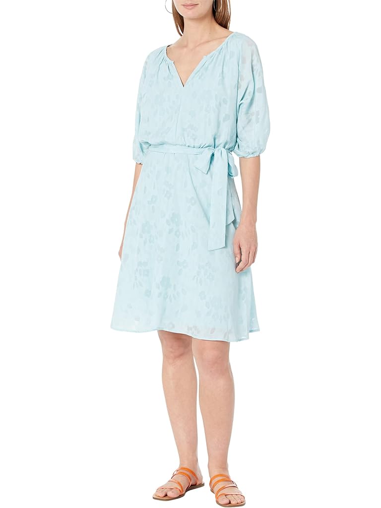 DKNY Puff Sleeve V-Neck Belted Dress