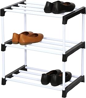 PulGos Multipurpose Portable Shoe Rack for Home Storage, Easy to Move & Assemble, Black PVC and Plastic Rack with 3 Shelve...