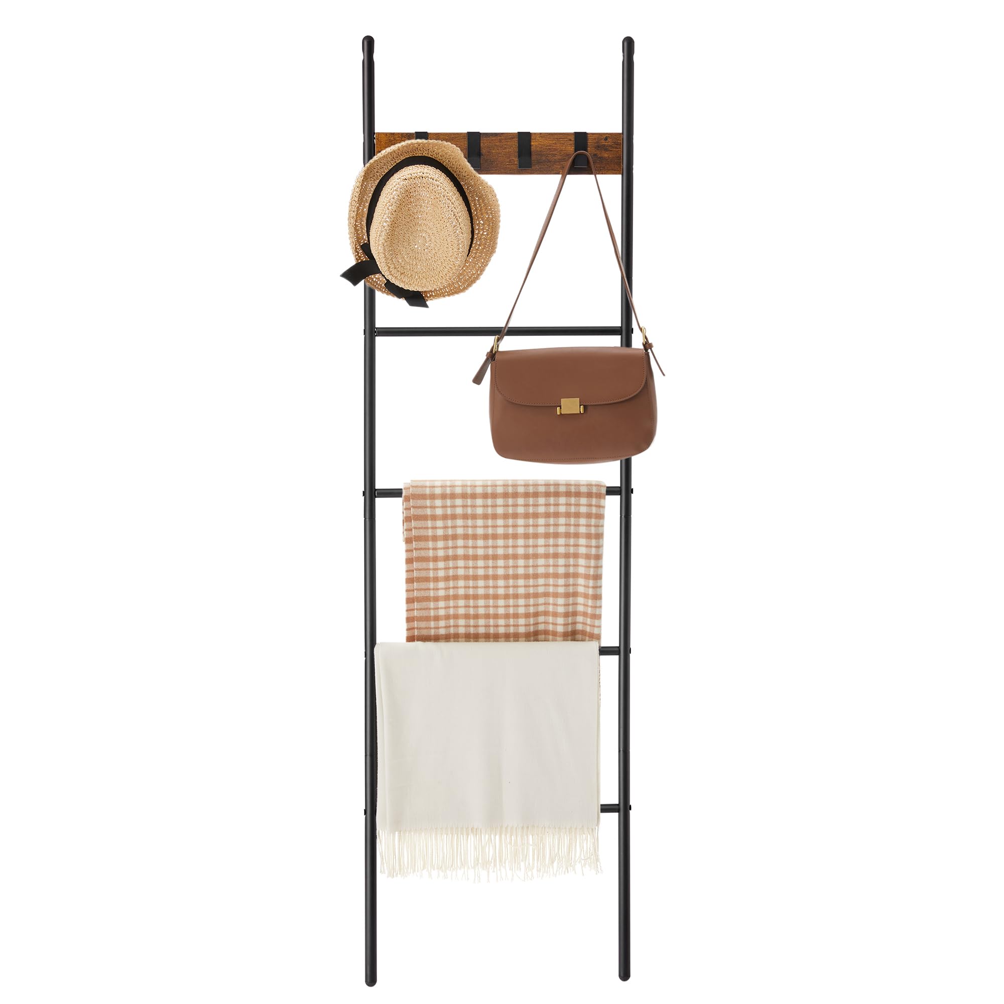 VASAGLE Blanket Ladder, 5-Tier Ladder Shelf, Decorative Ladder with 4 Removable Hooks, Metal Frame, Industrial Style, Rustic Brown and Black ULLS016B01