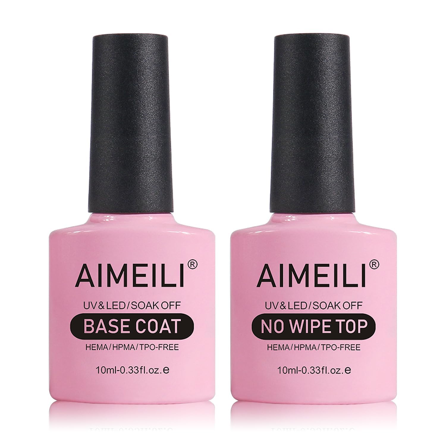 AIMEILIHema-Free No Wipe Top Coat and Base Coat Gel Nail Polish Set, Shine Finish and Long Lasting, UV LED Soak Off Gel Nail Lacquer Gel Nail Polish Varnish - 2 x 10ml